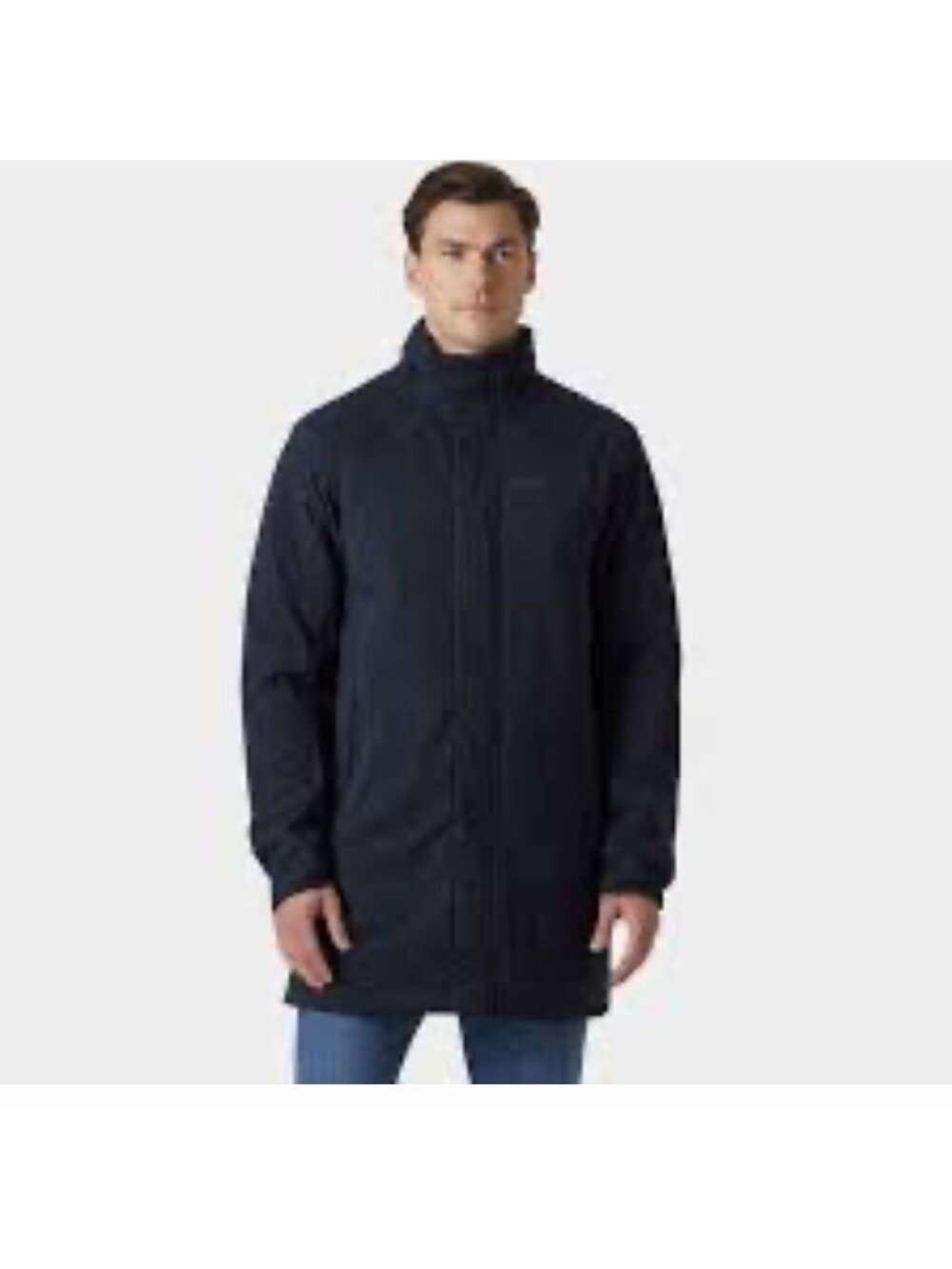 Helly Hansen + Long Hooded Rain Coat Navy Unisex 2XL Hidden Hood Snap Zip NWOT
